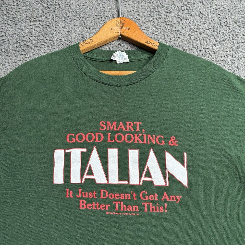 Vintage Y2K Italian Funny Slogan T-Shirt Mens Size Large Humor Green 2000s